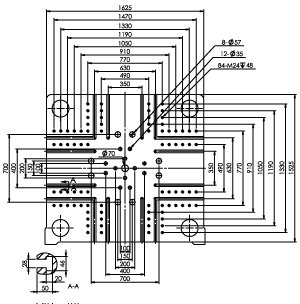 Размер плит T-slot (опция) термопластавтомата ТПА Bole BL1000EKII