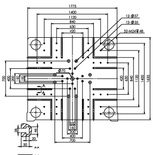 Размер плит T-slot (опция) термопластавтомата ТПА Bole BL1200EKII