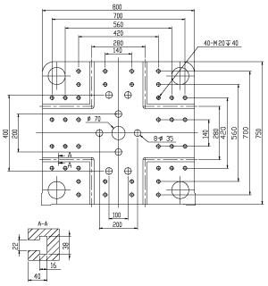 Размер плит T-slot (опция) термопластавтомата ТПА Bole BL230EKII