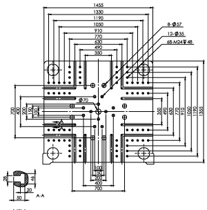 Размер плит T-slot (опция) термопластавтомата ТПА Bole BL750EKII
