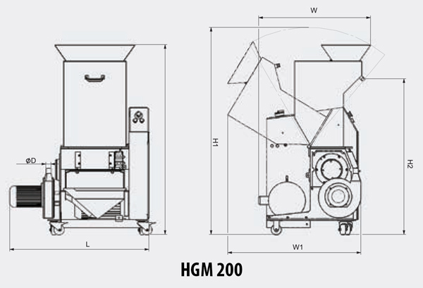 Габаритный чертеж дробилки для пластика Huare серии HGM 200